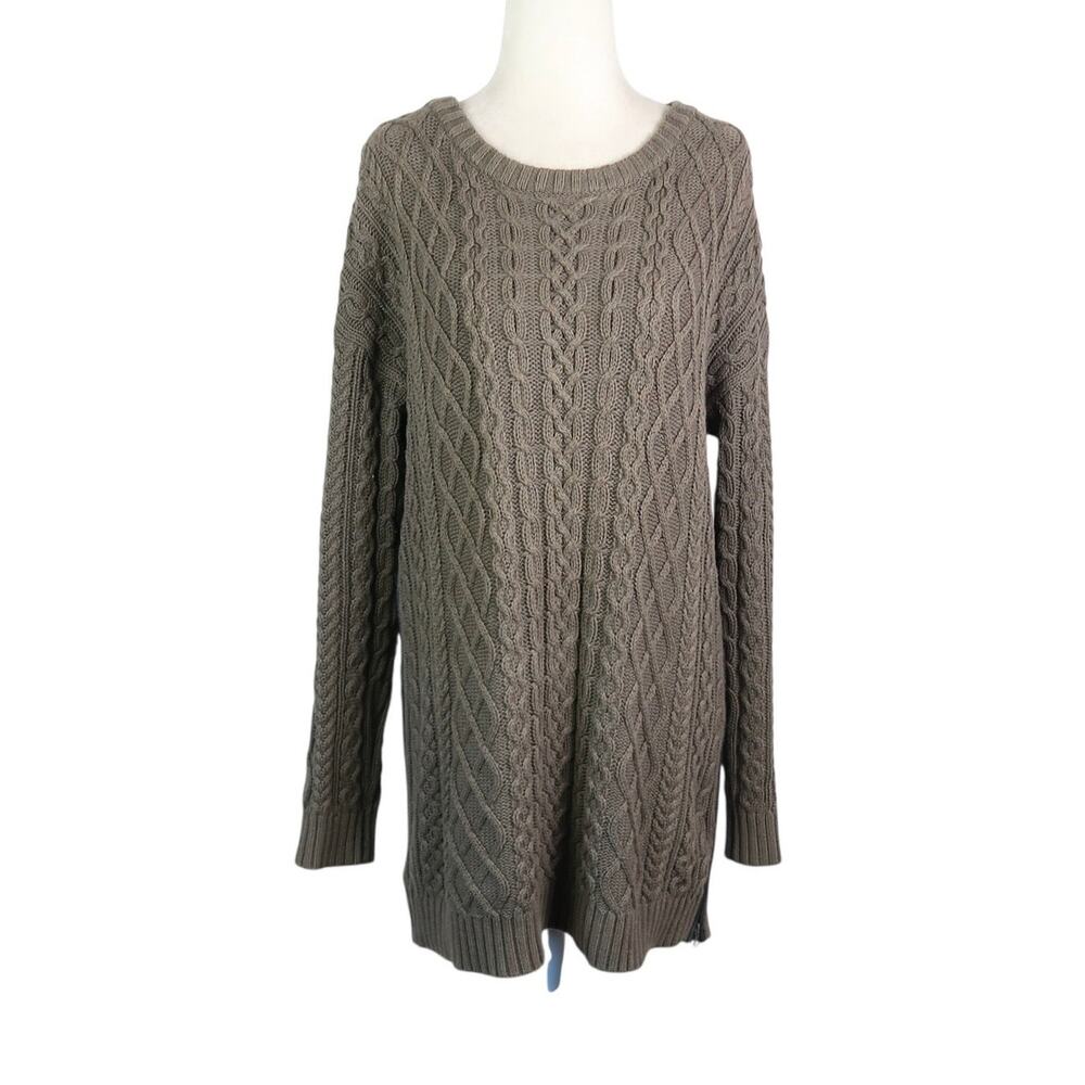 Margaret O'Leary Olive Green 100% Cotton Cable Knit Tunic Sweater Side Zip S